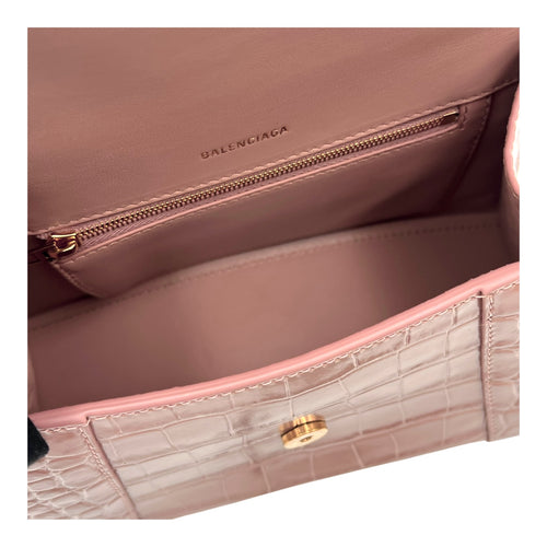 Balenciaga Hourglass Top Handle Bag Beige in Crocodile Embossed Calfskin, Silver hardware_12