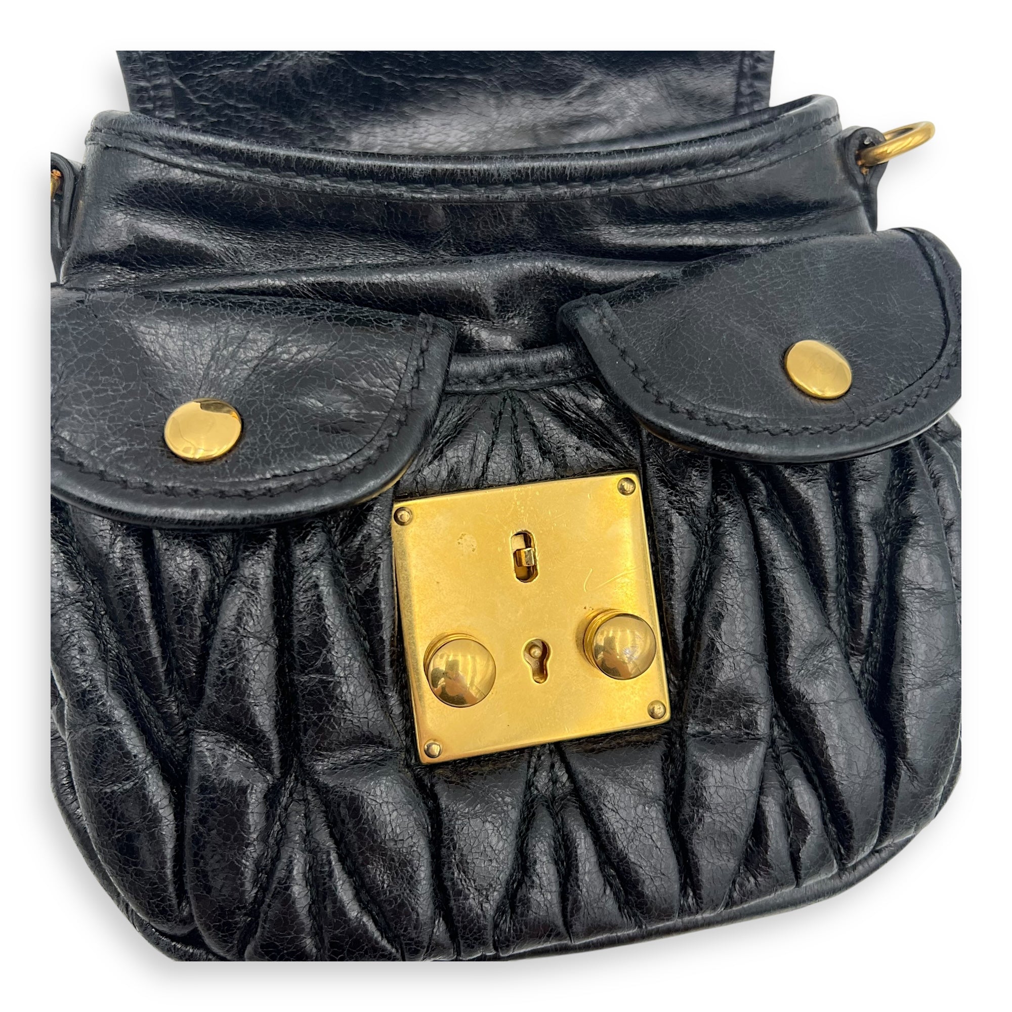 Miu Miu Coffer Crossbody Bag Black in Calfskin, Gold hardware_11