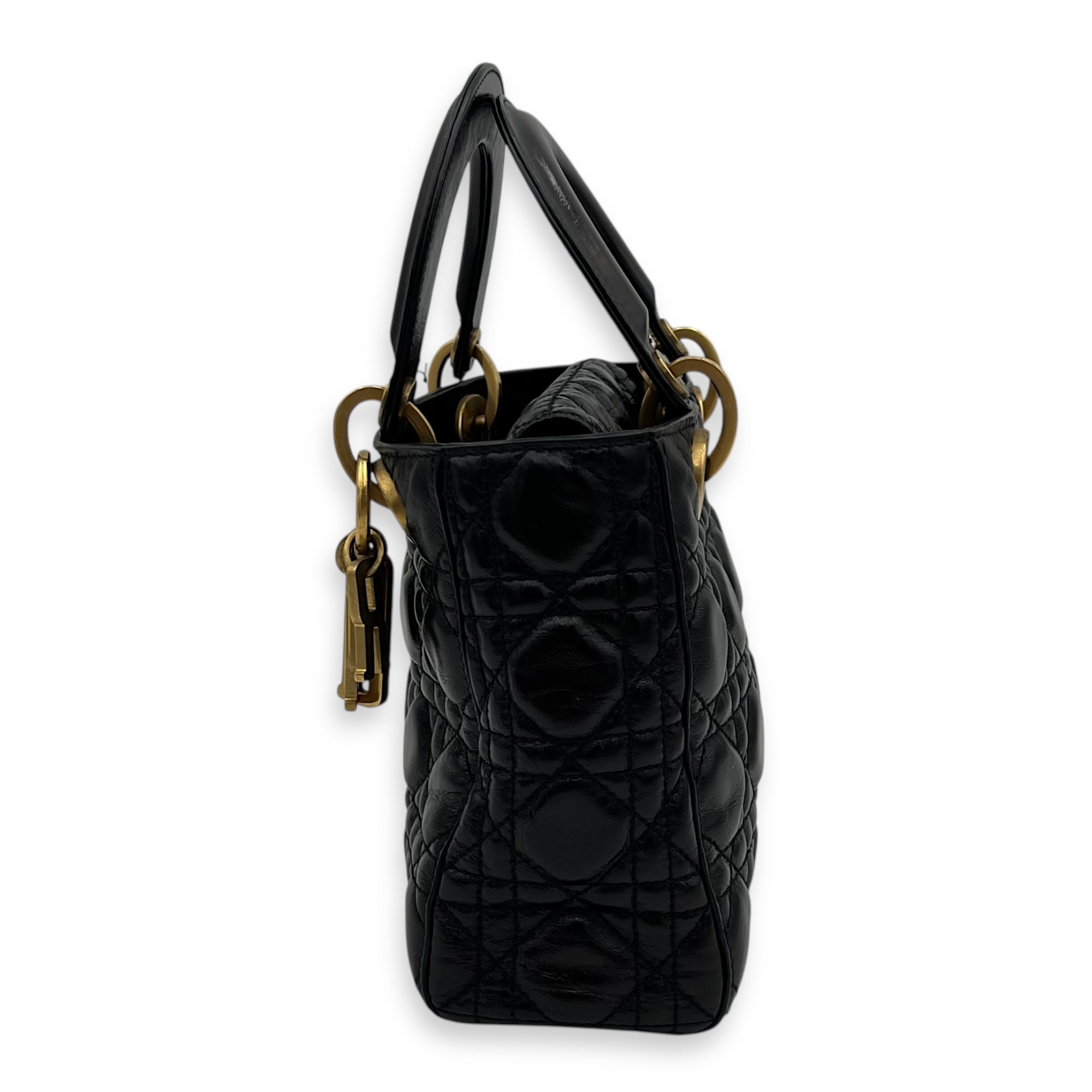 Christian Dior Lady Dior Top Handle Bag Small Black in Calfskin, Gold hardware_4