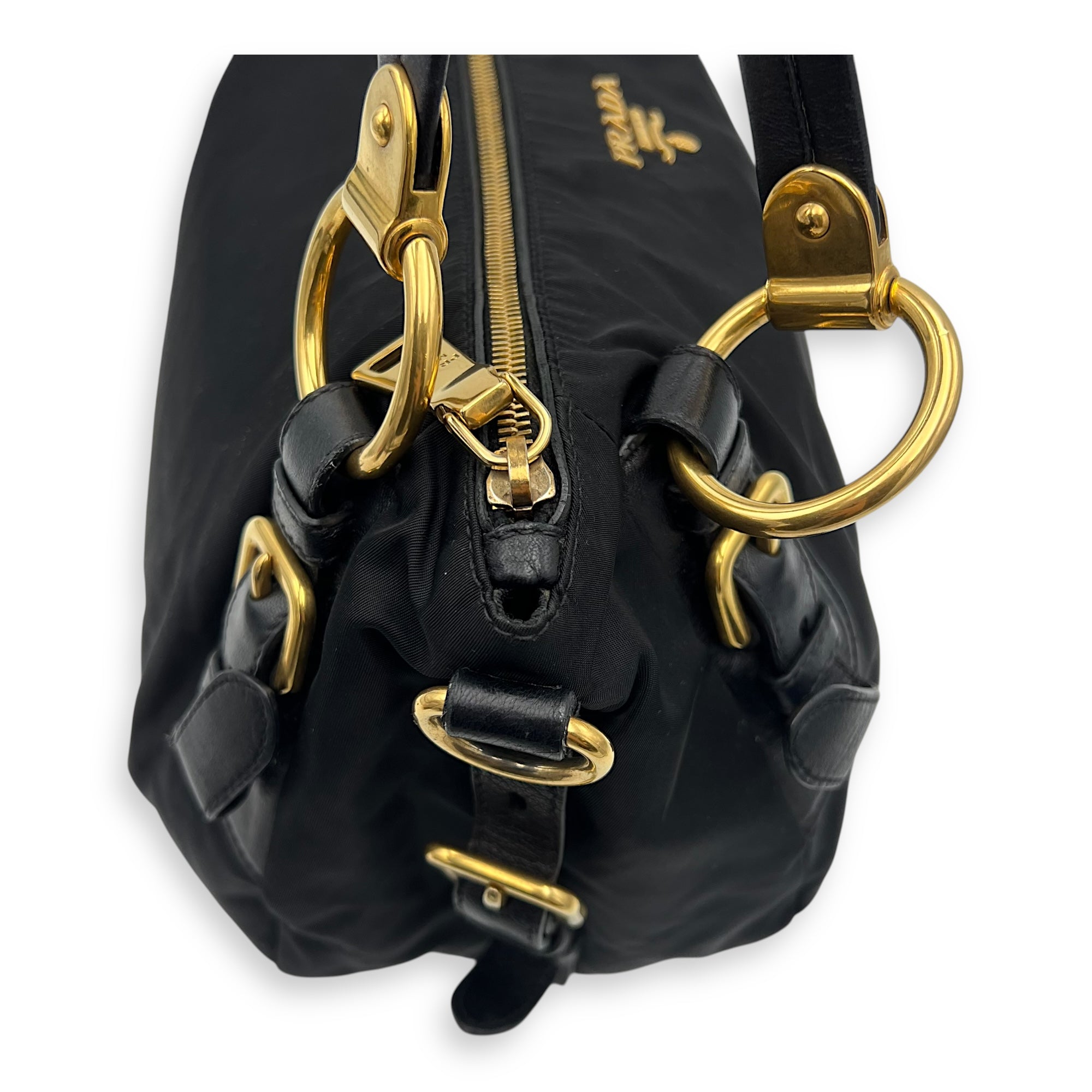 Prada Logo Top Handle Bag Black in Nylon, Gold hardware_10
