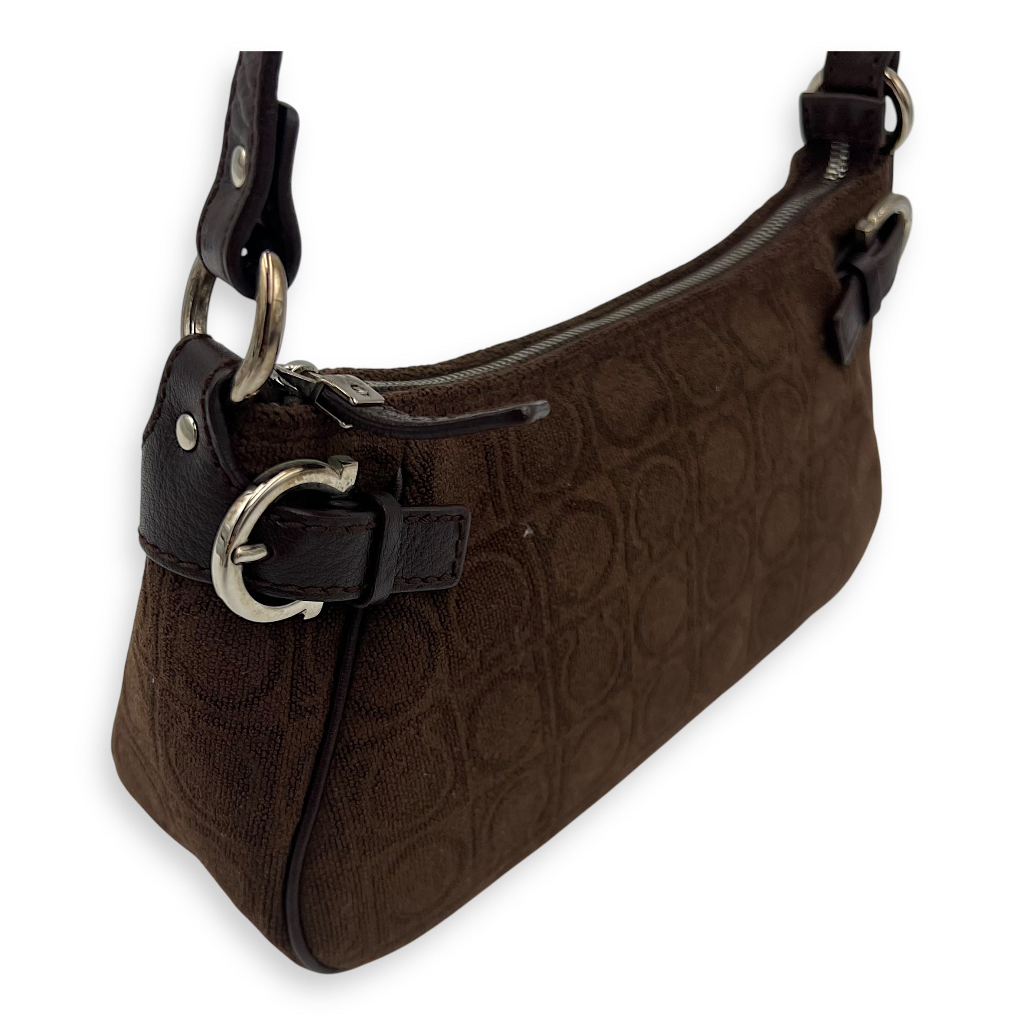 Salvatore Ferragamo Gancini Brown Shoulder Bag in Fabric, Silver hardware_11
