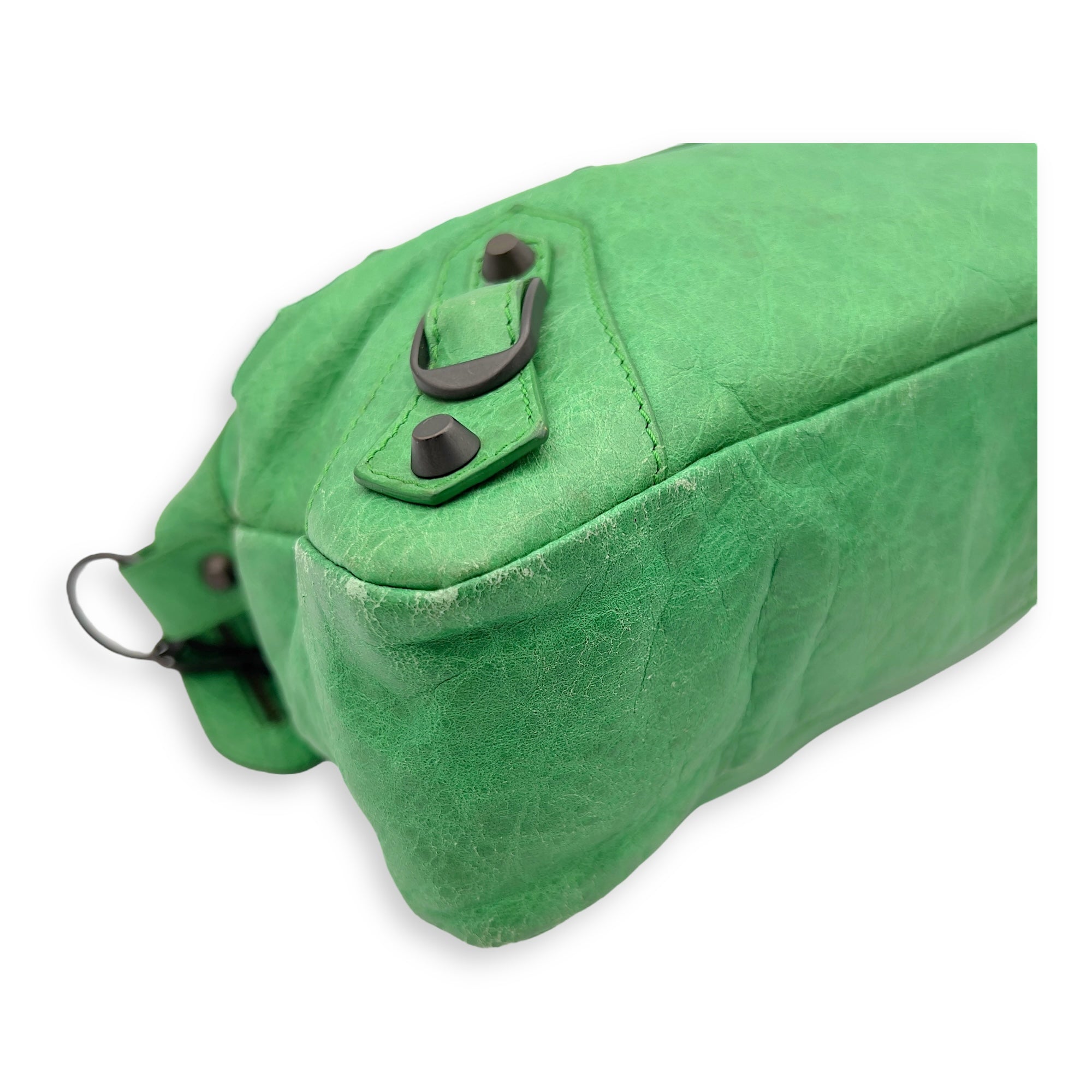 Balenciaga Motorcycle Town Green Top Handle Bag in Distressed Leather, Gunmetal hardware_12