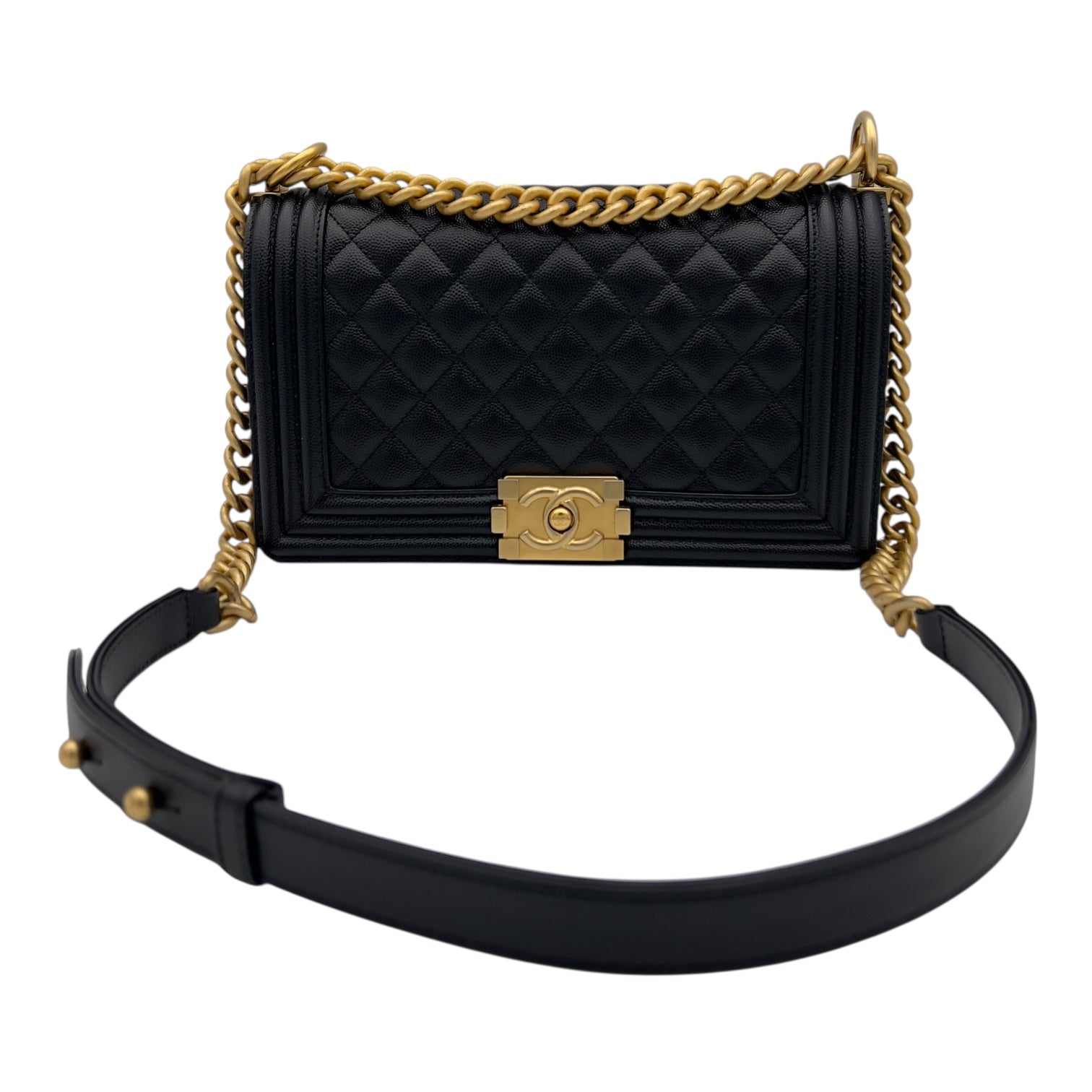 Chanel Boy Medium Black Shoulder Bag in Caviar Leather, Brushed Gold hardware_10