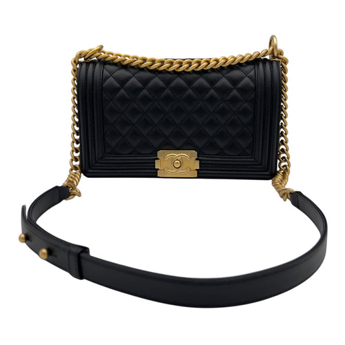 Chanel Boy Medium Black Shoulder Bag in Caviar Leather, Brushed Gold hardware_10