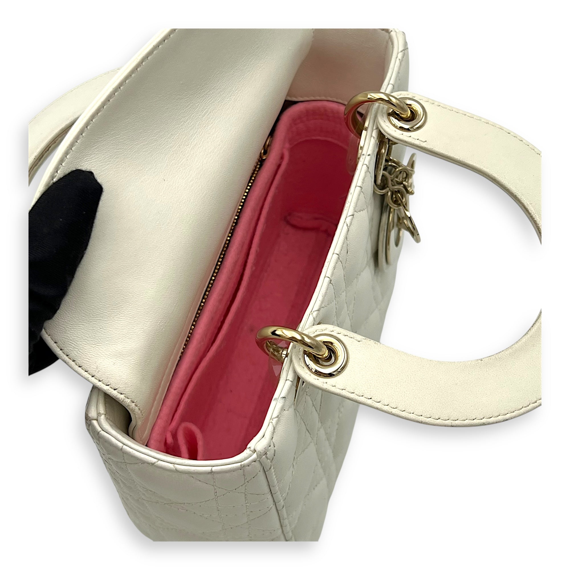 Christian Dior Lady Dior Small White Top Handle Bag in Lambskin, Gold hardware_12