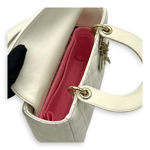 Christian Dior Lady Dior Small White Top Handle Bag in Lambskin, Gold hardware_12