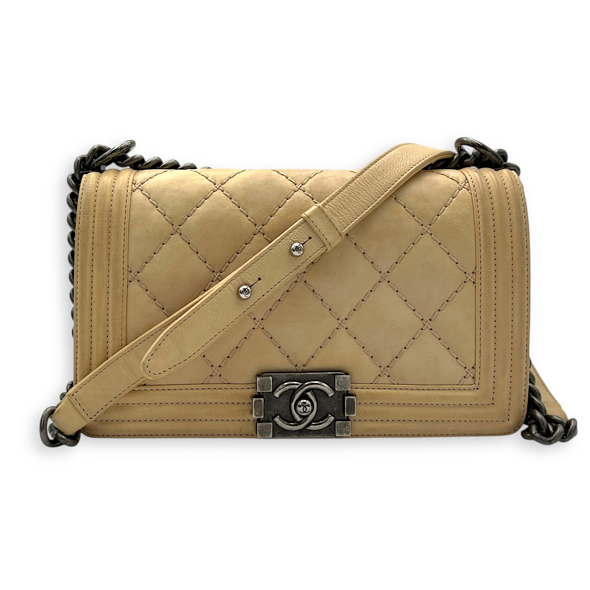 Chanel Boy Crossbody Bag Medium Beige in Calfskin, Silver hardware_12