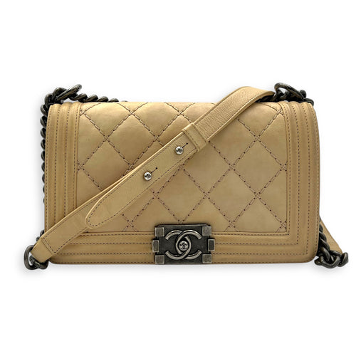 Chanel Boy Crossbody Bag Medium Beige in Calfskin, Silver hardware_12