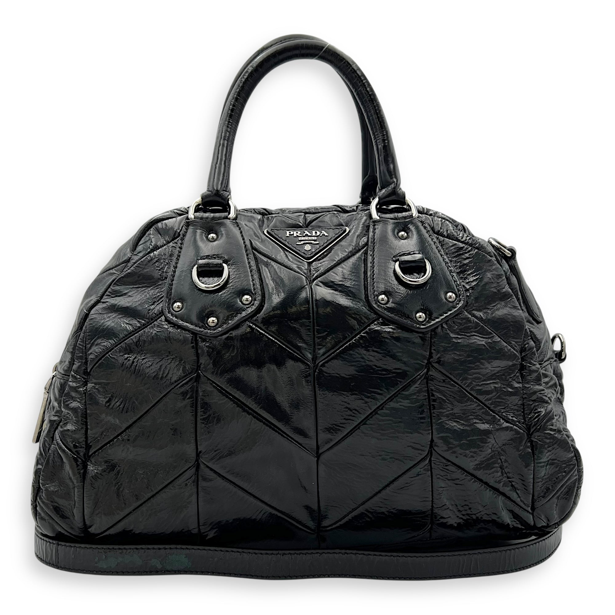 Prada Quilted Top Handle Bag Black in Glazed Calfskin, Silver hardware_12