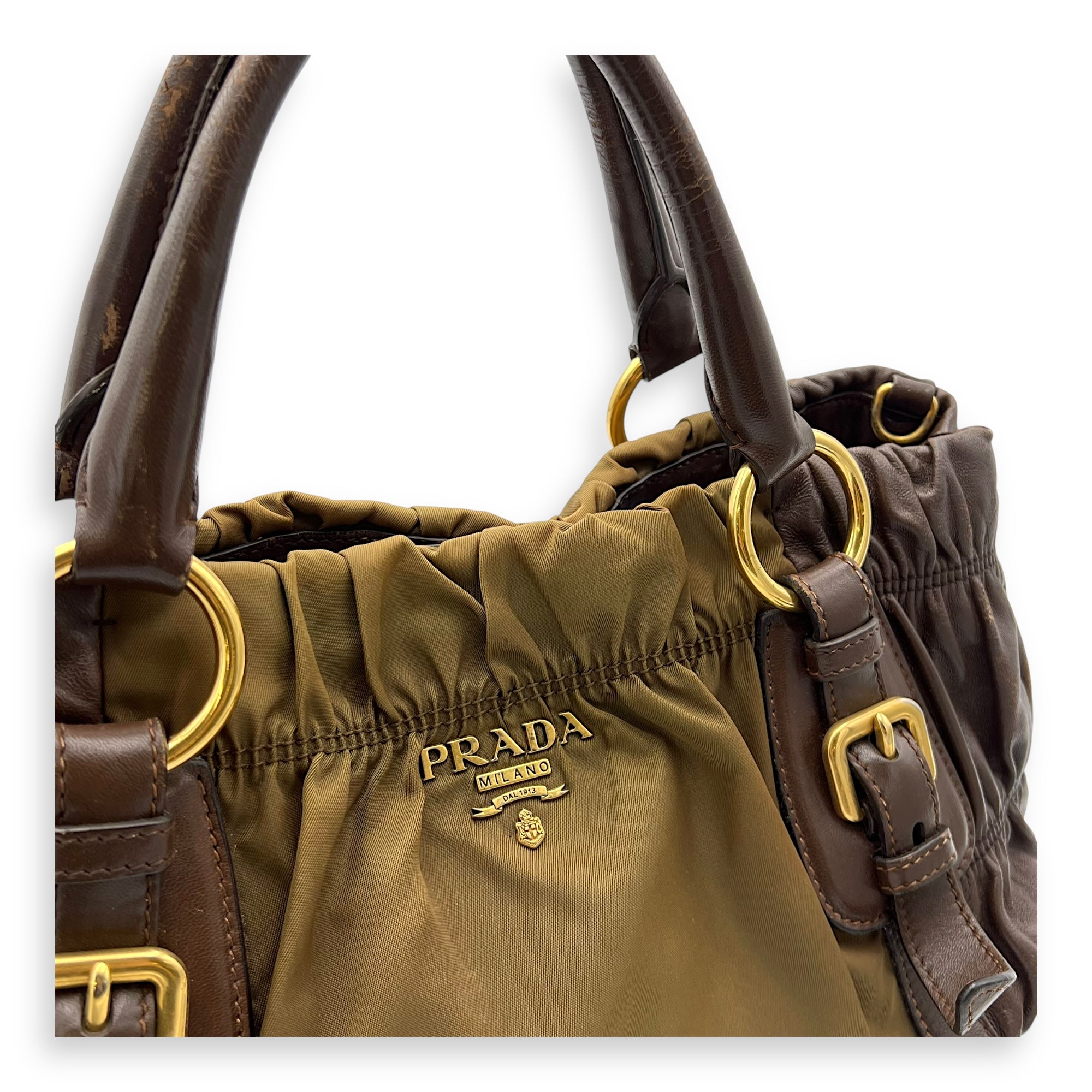 Prada Vintage Top Handle Bag Green in Nylon, Gold hardware Singapore