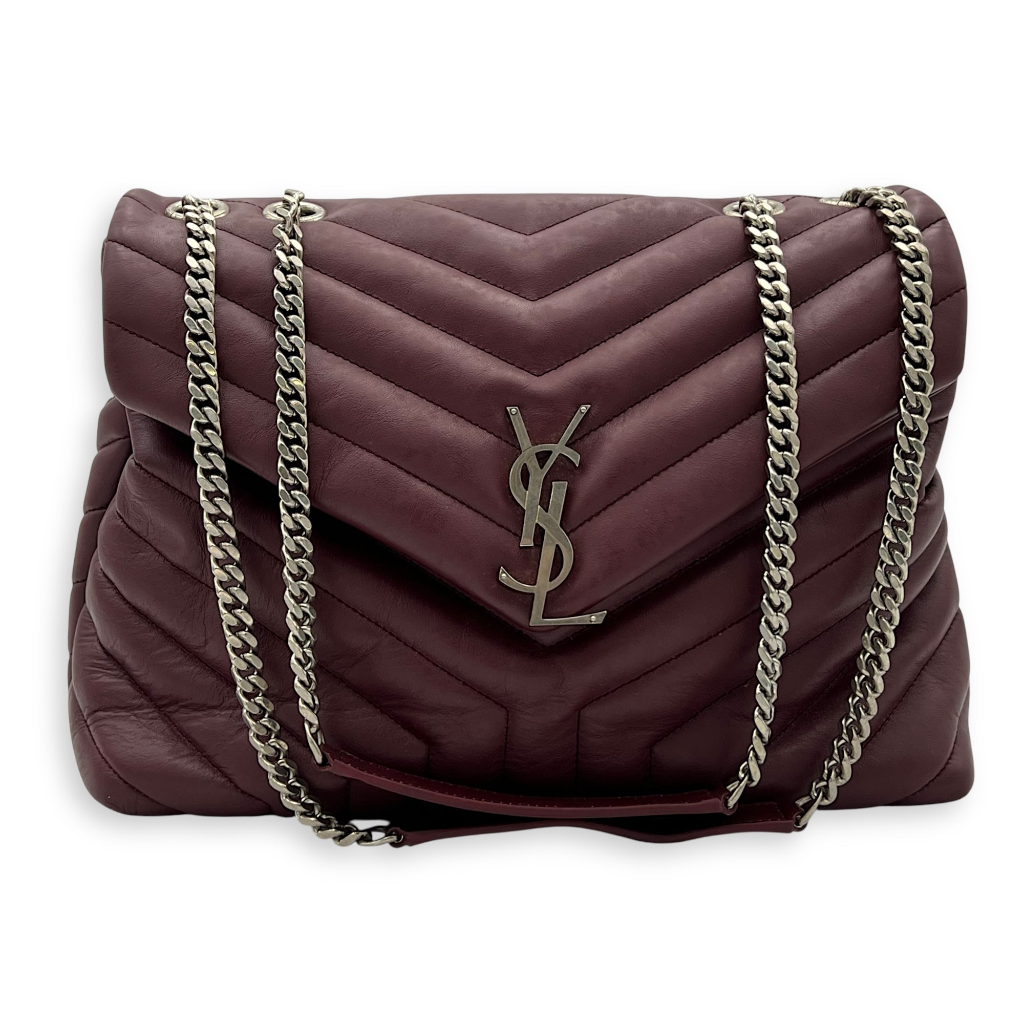 Saint Laurent Loulou Crossbody Bag Medium Red in Calfskin, Silver hardware_12