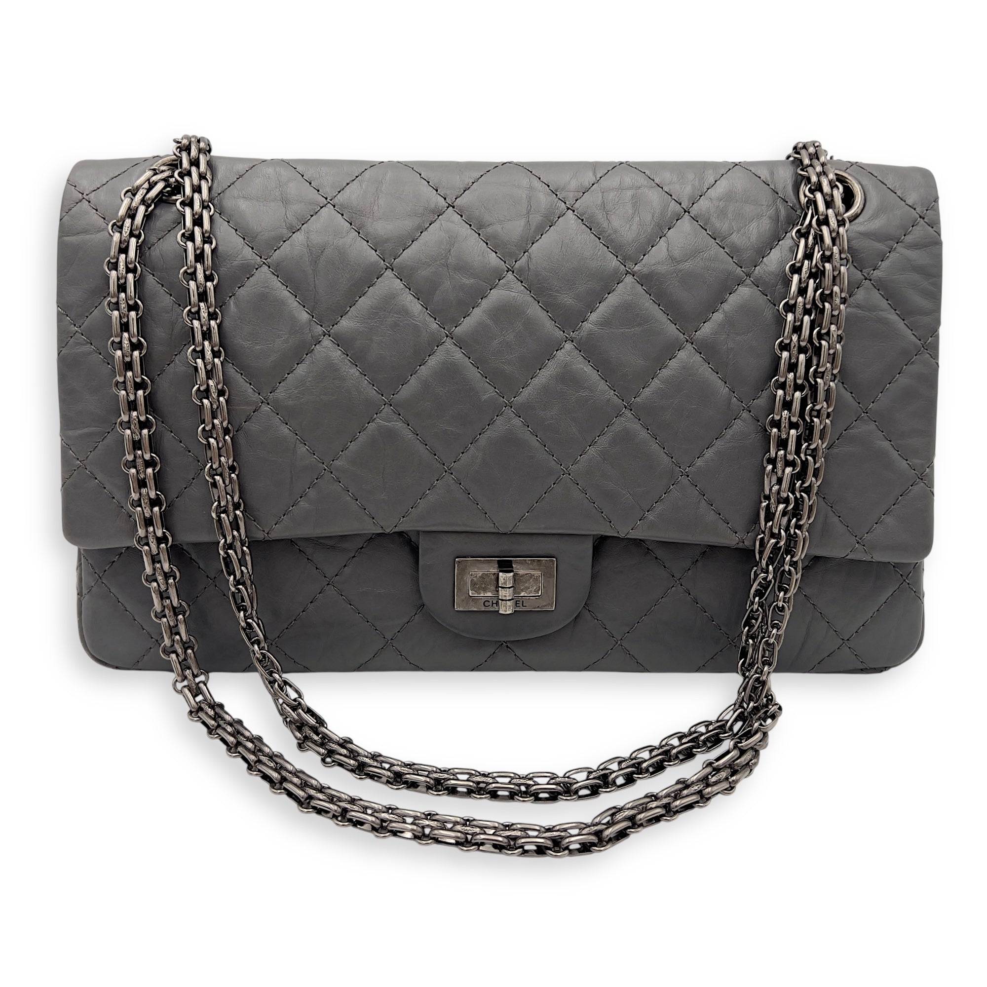 Chanel 2.55 Shoulder Bag Grey in Calfskin, Ruthenium hardware_10