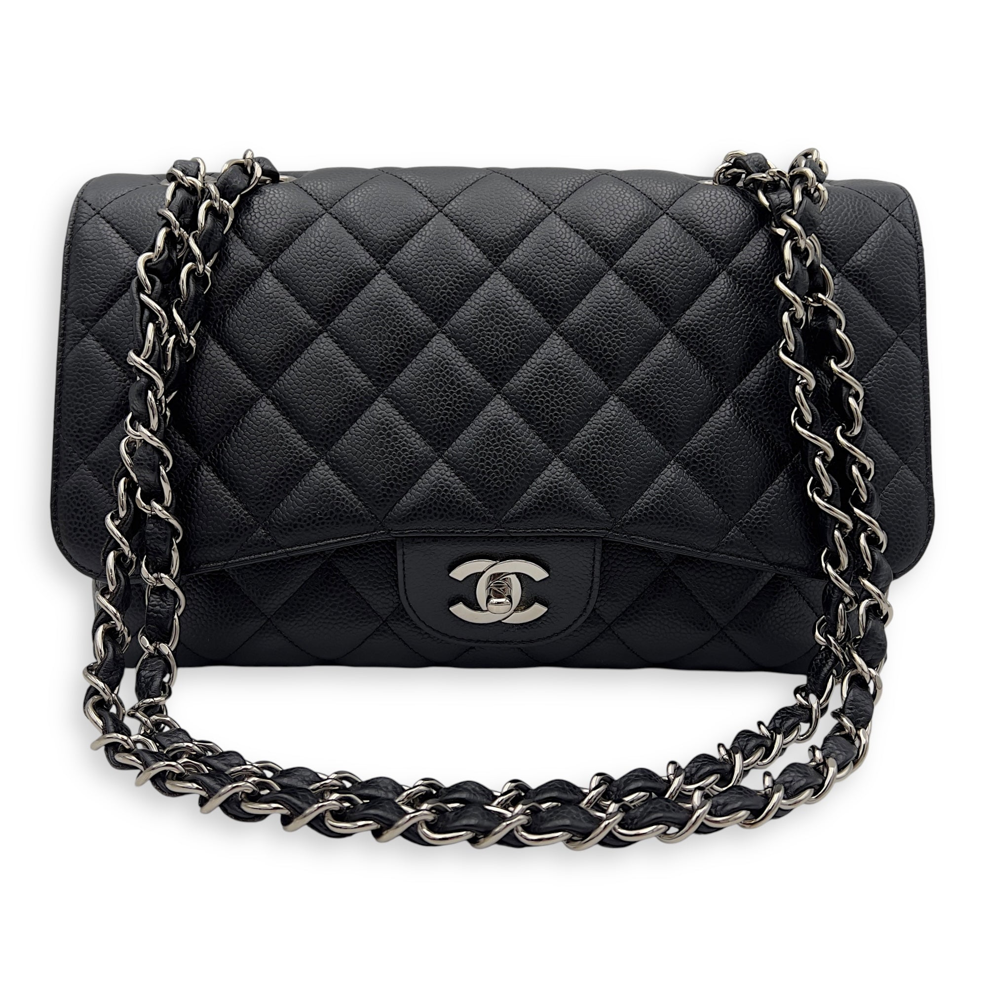 Chanel Classic Shoulder Bag Jumbo Black in Caviar Leather, Silver hardware_10