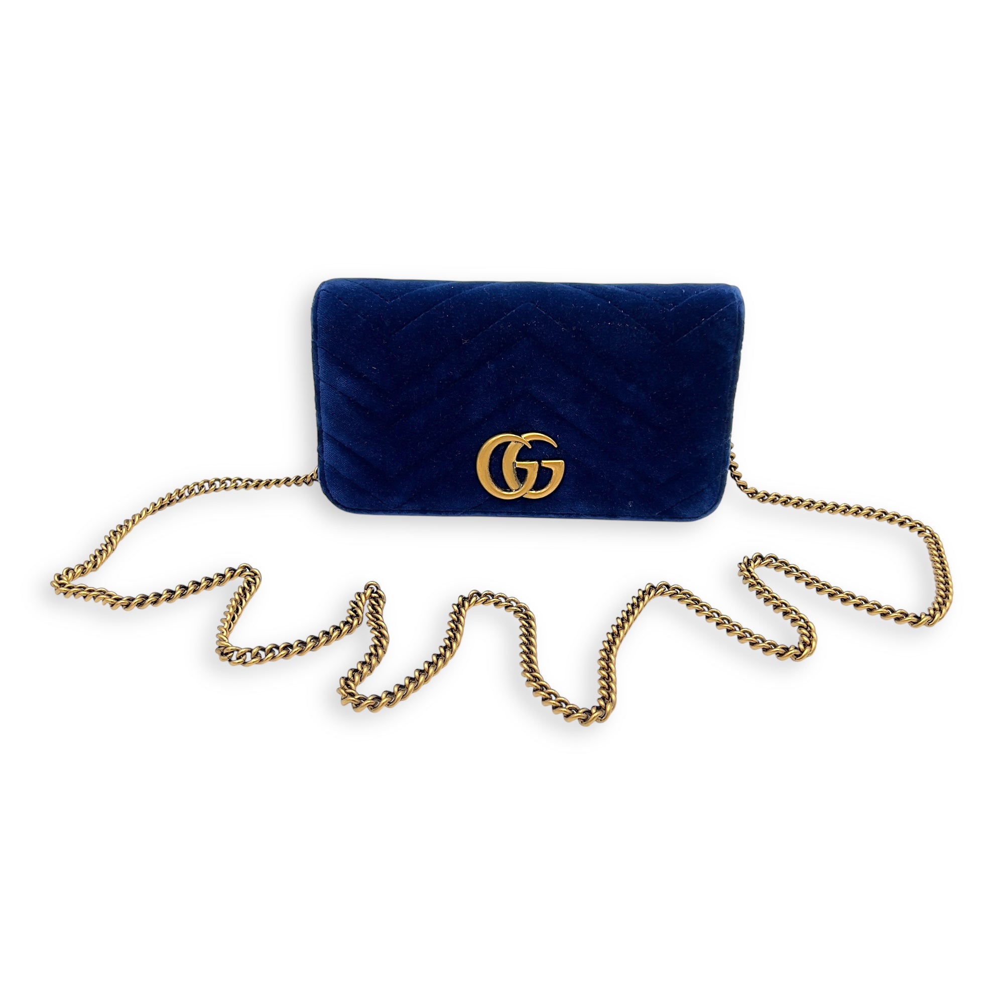 Gucci GG Marmont Mini Blue Crossbody Bag in Velvet, Gold hardware_10
