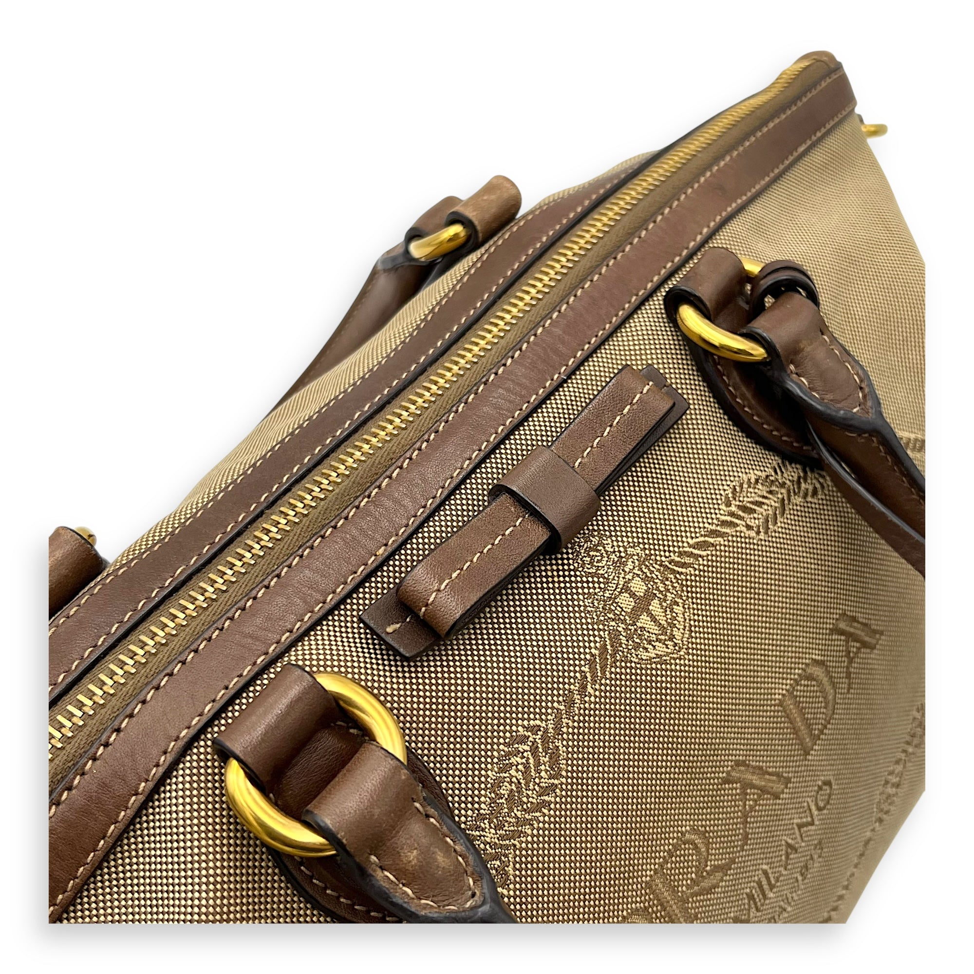 Prada Logo Small Brown Top Handle Bag in Canvas, Gold hardware_12