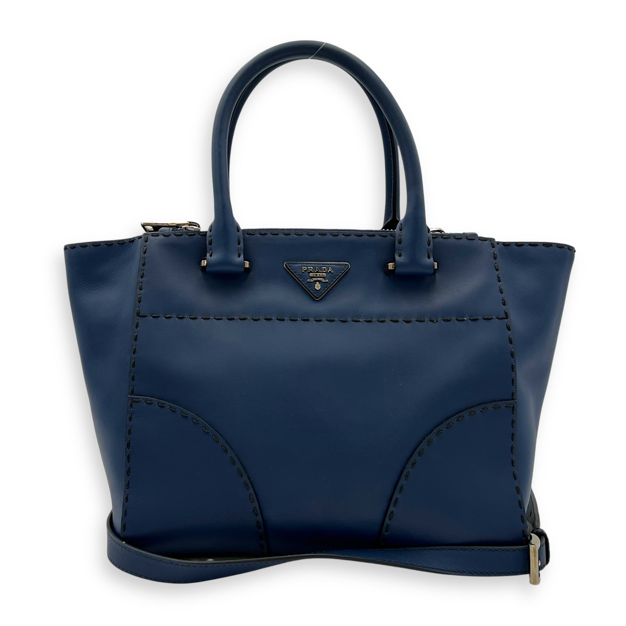 Prada Logo Top Handle Bag Blue in Calfskin, Gold hardware_12