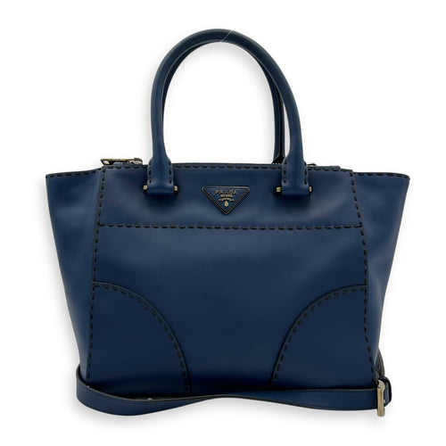 Prada Logo Top Handle Bag Blue in Calfskin, Gold hardware_12