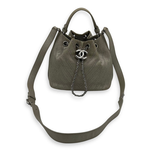 Chanel CC Chevron Bucket Bag Silver in Calfskin, Silver hardware_13