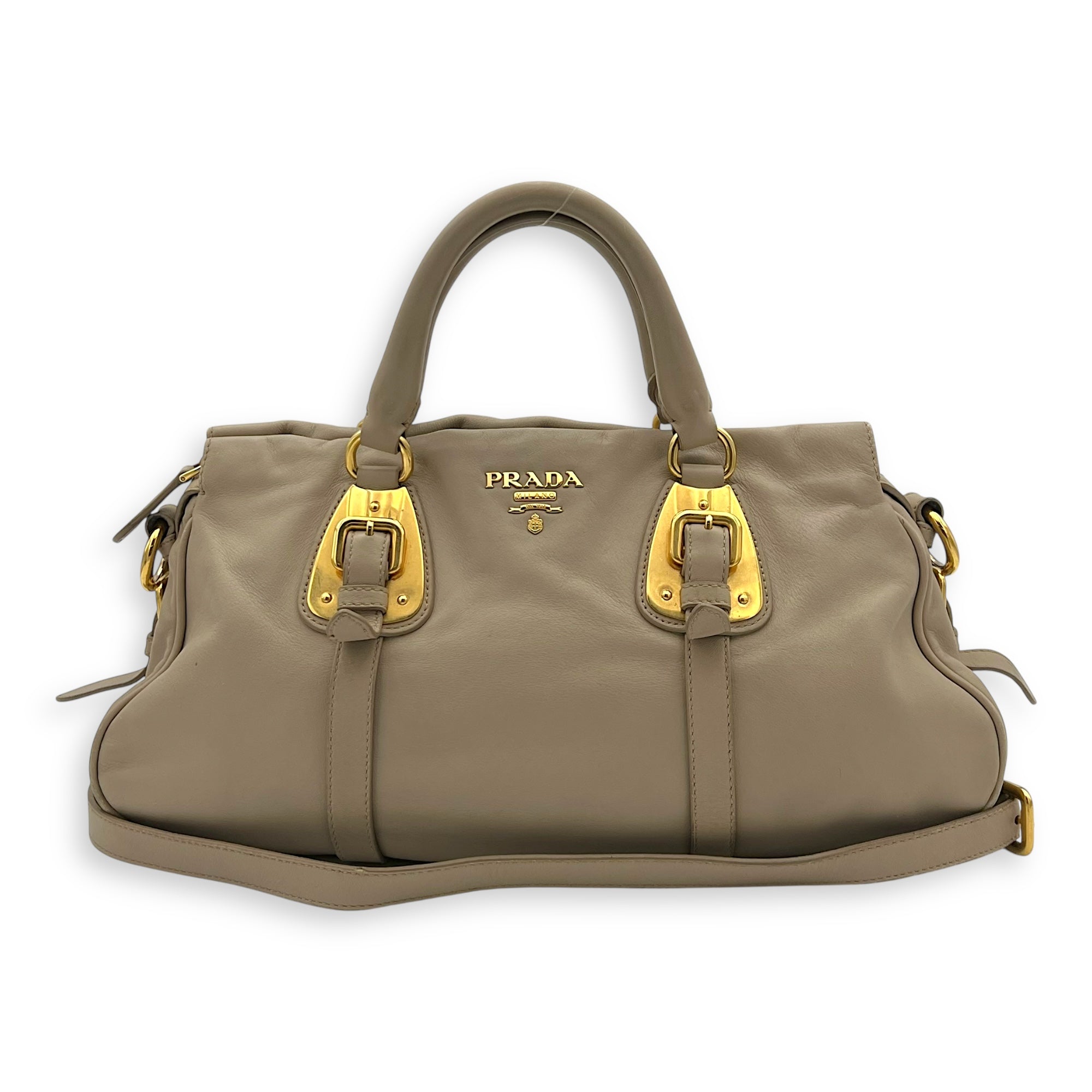 Prada Logo Top Handle Bag Beige in Calfskin, Gold hardware_12