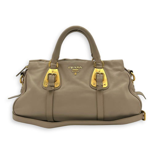 Prada Logo Top Handle Bag Beige in Calfskin, Gold hardware_12