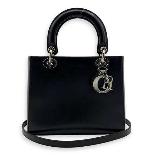 Christian Dior Lady Dior Medium Black Top Handle Bag in Calfskin, Silver hardware_12