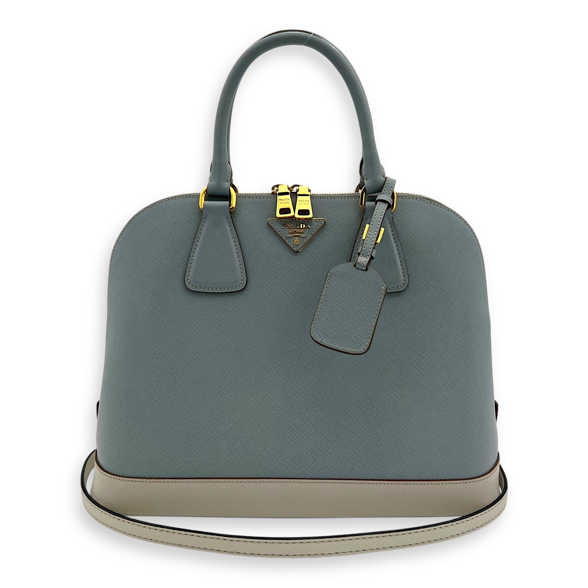 Prada Others Top Handle Bag Blue in Saffiano Leather, Gold hardware_12