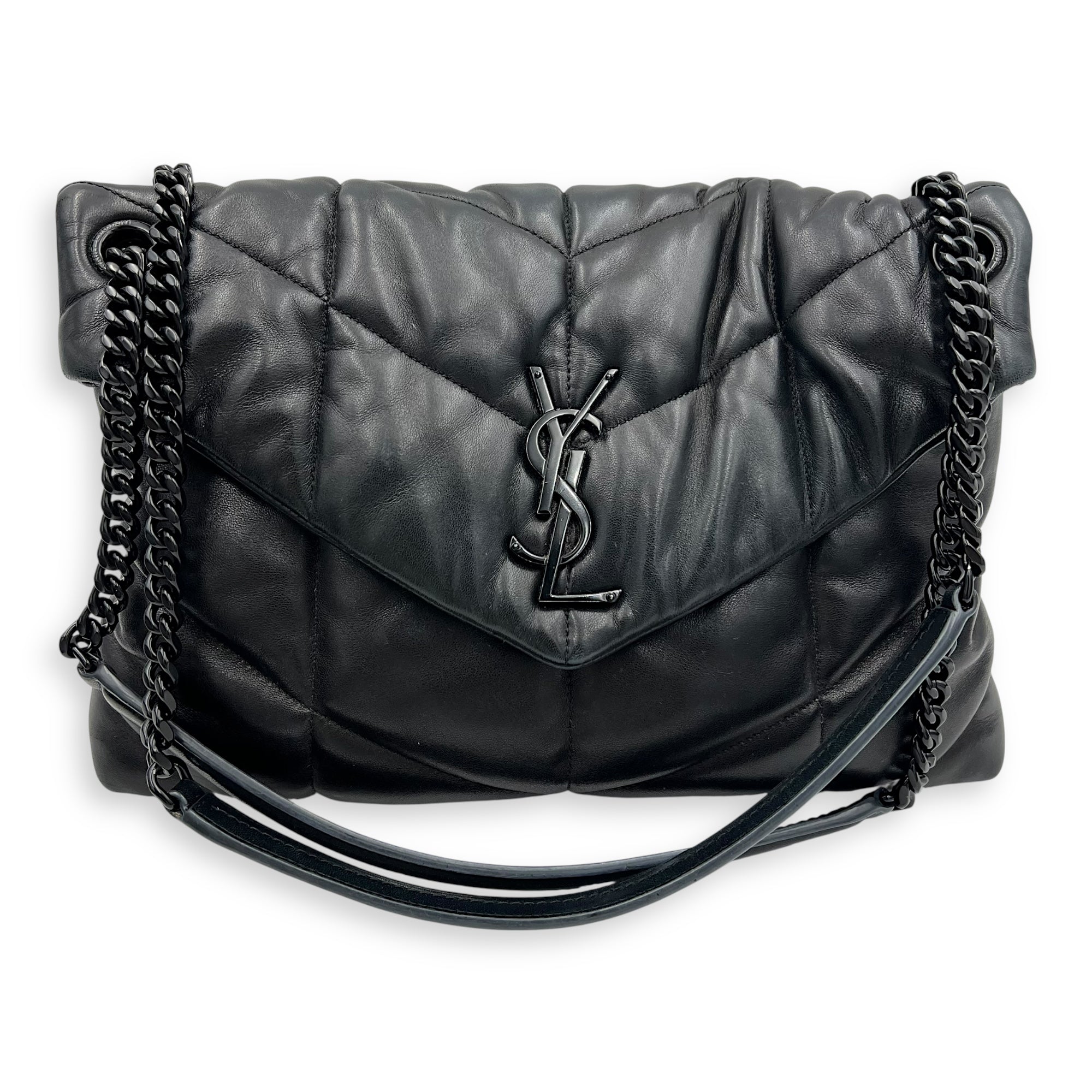 Saint Laurent Puffer Shoulder Bag Black in Lambskin, Lacquered Metal hardware_12