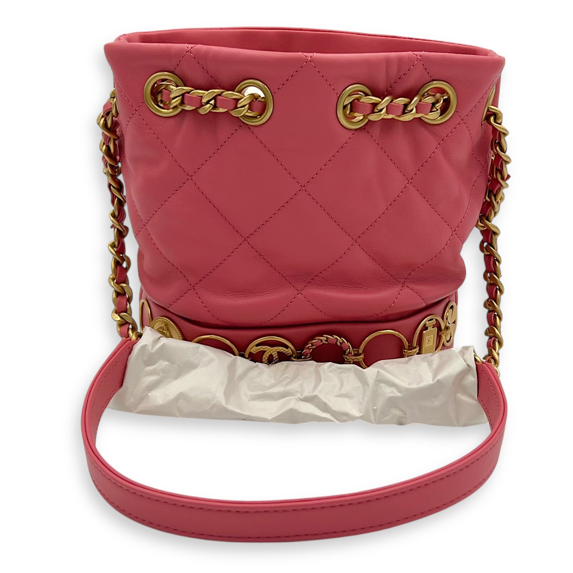 Chanel Quilted Seasonal Bucket Bag Pink in Calfskin, Gold hardware_12