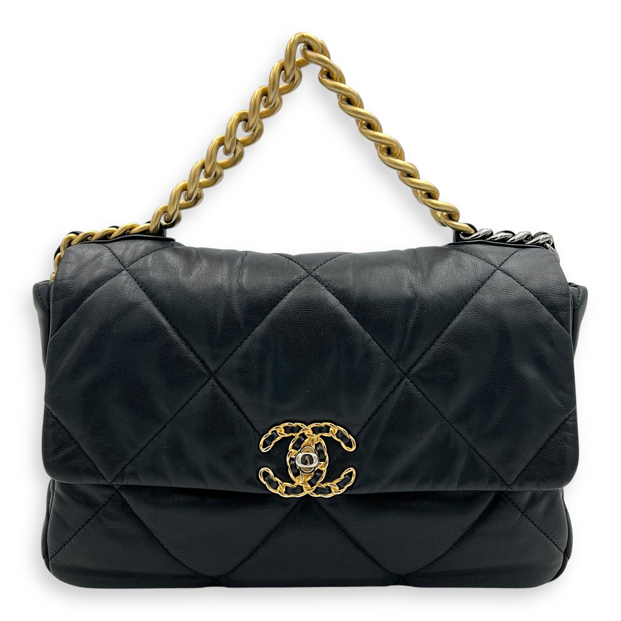 Chanel C19 Large Black Shoulder Bag in Goat Leather, Mixed hardware_1