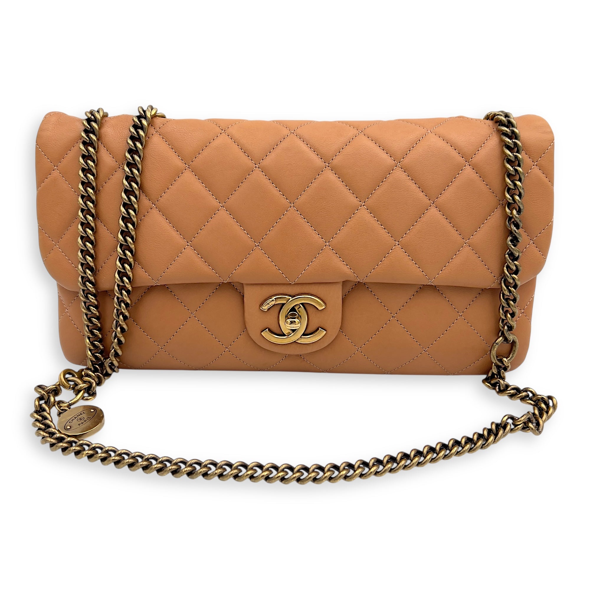 Chanel Quilted Zip Back Pocket Flap Shoulder Bag Brown in Calfskin, Gold hardware_10