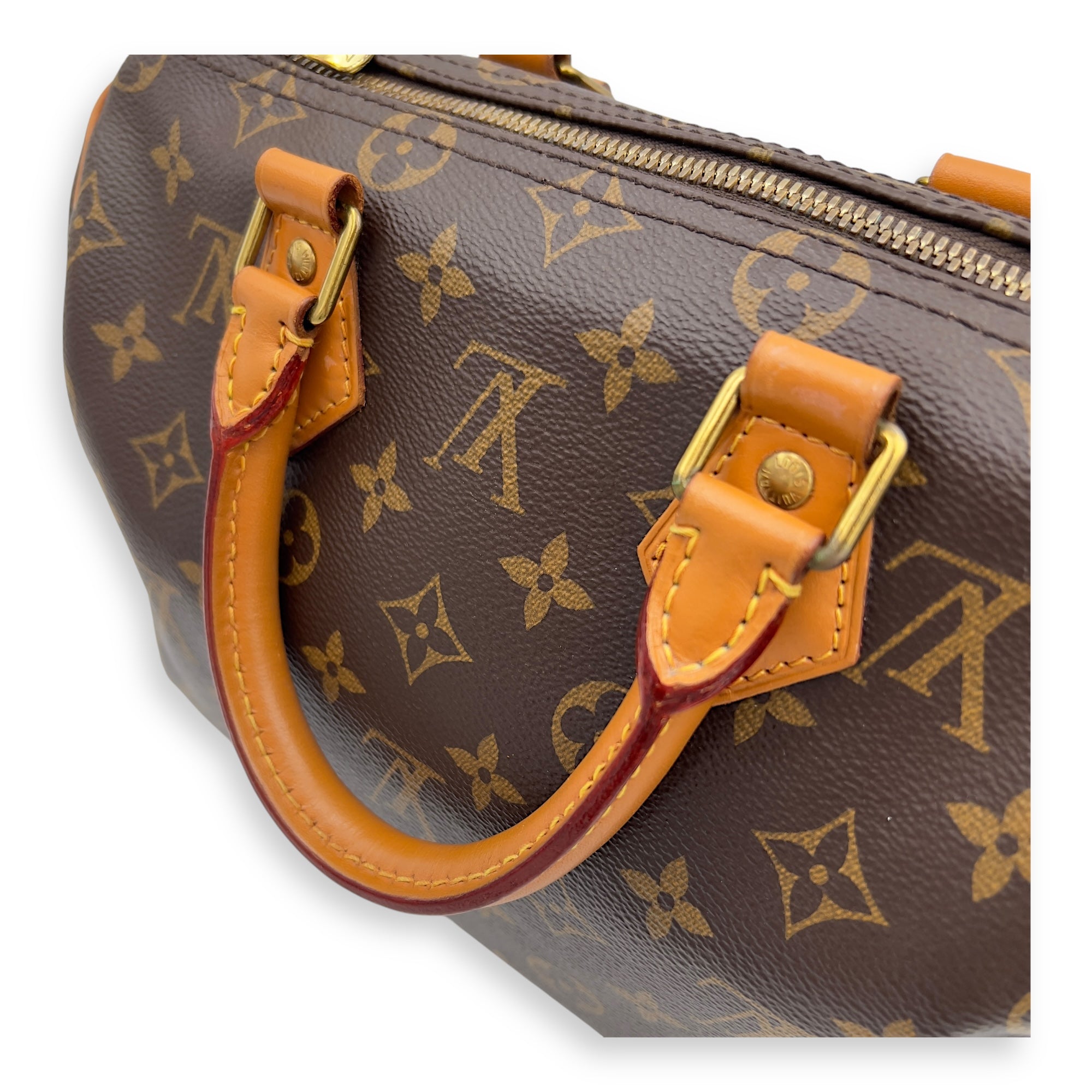 Louis Vuitton Speedy Bandouliere Top Handle Bag 25 Brown in Monogram Coated Canvas, Gold hardware_12