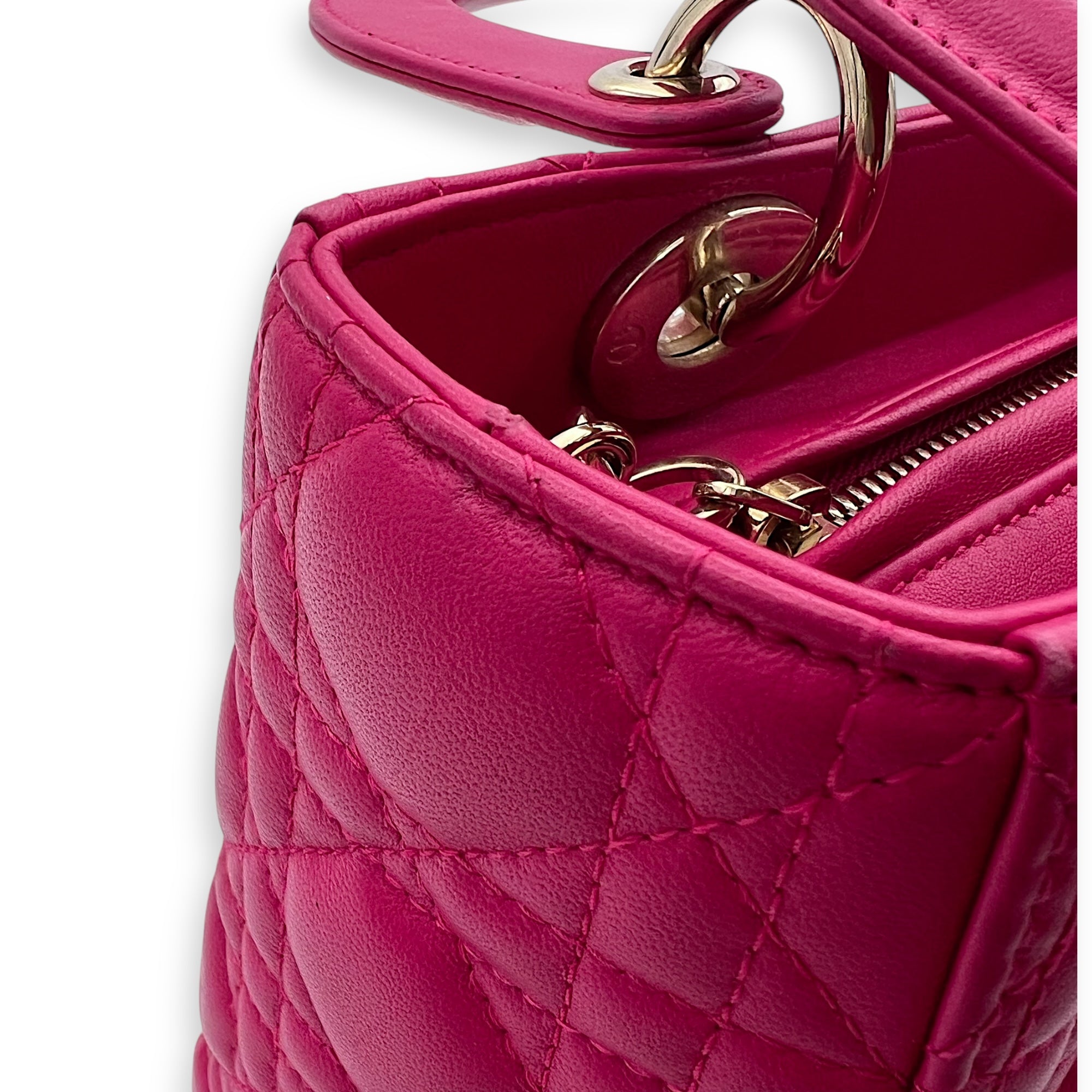 Dior Lady Dior Top Handle Bag Medium Pink in Calfskin, Gold hardware_12