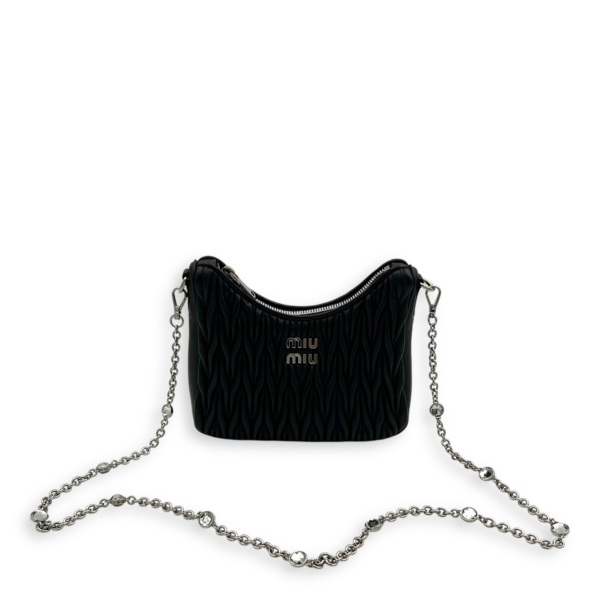 Miu Miu Matelassé Shoulder Bag Black in Lambskin, Silver hardware_12
