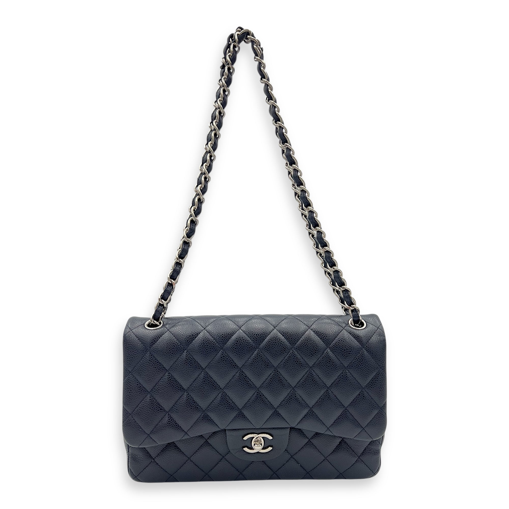 Chanel Classic Jumbo Blue Shoulder Bag in Caviar Leather, Silver hardware_2