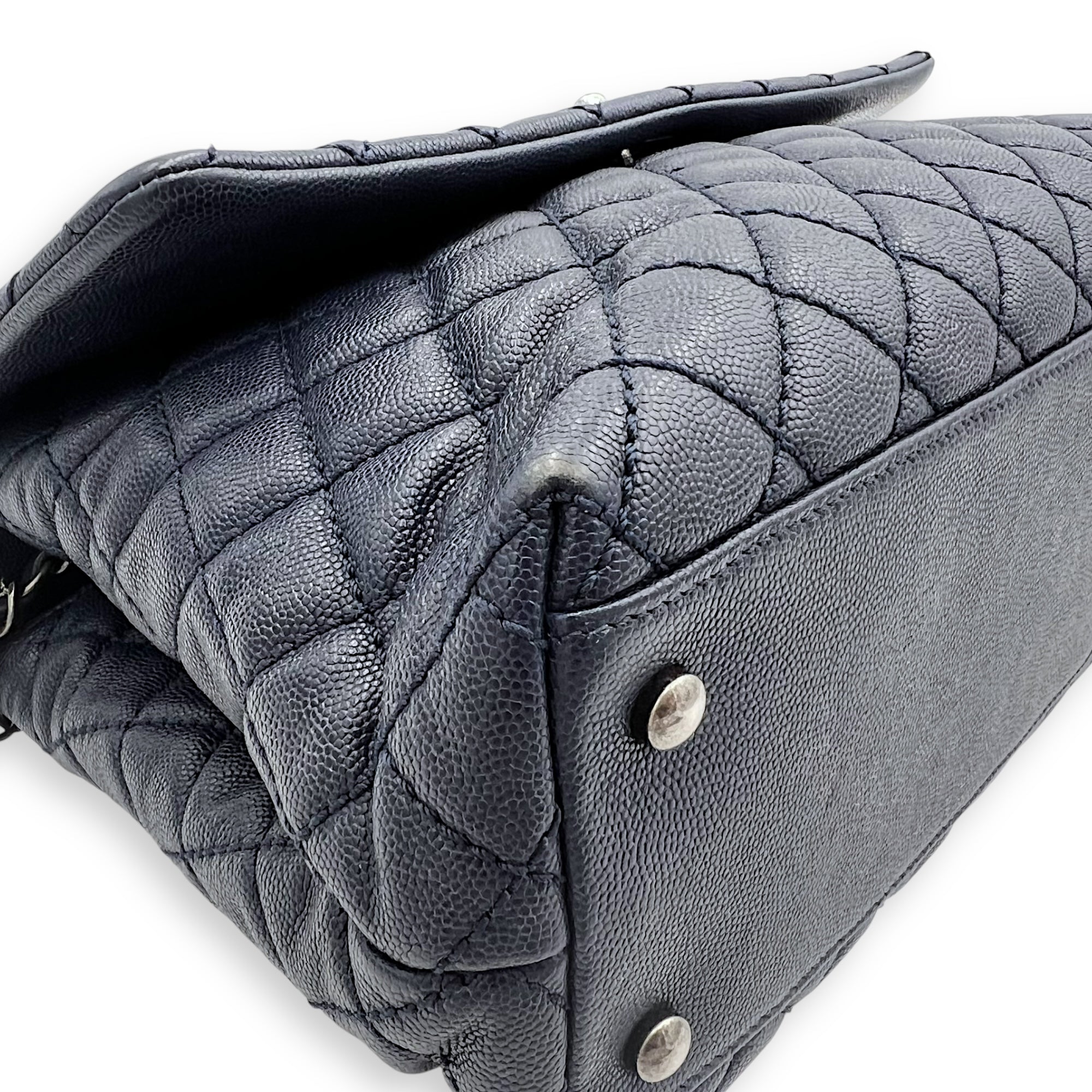 Chanel Coco Handle Quilted Top Handle Bag Blue in Caviar Leather, Silver hardware_12