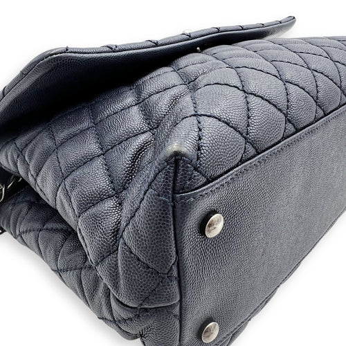 Chanel Coco Handle Quilted Top Handle Bag Blue in Caviar Leather, Silver hardware_12