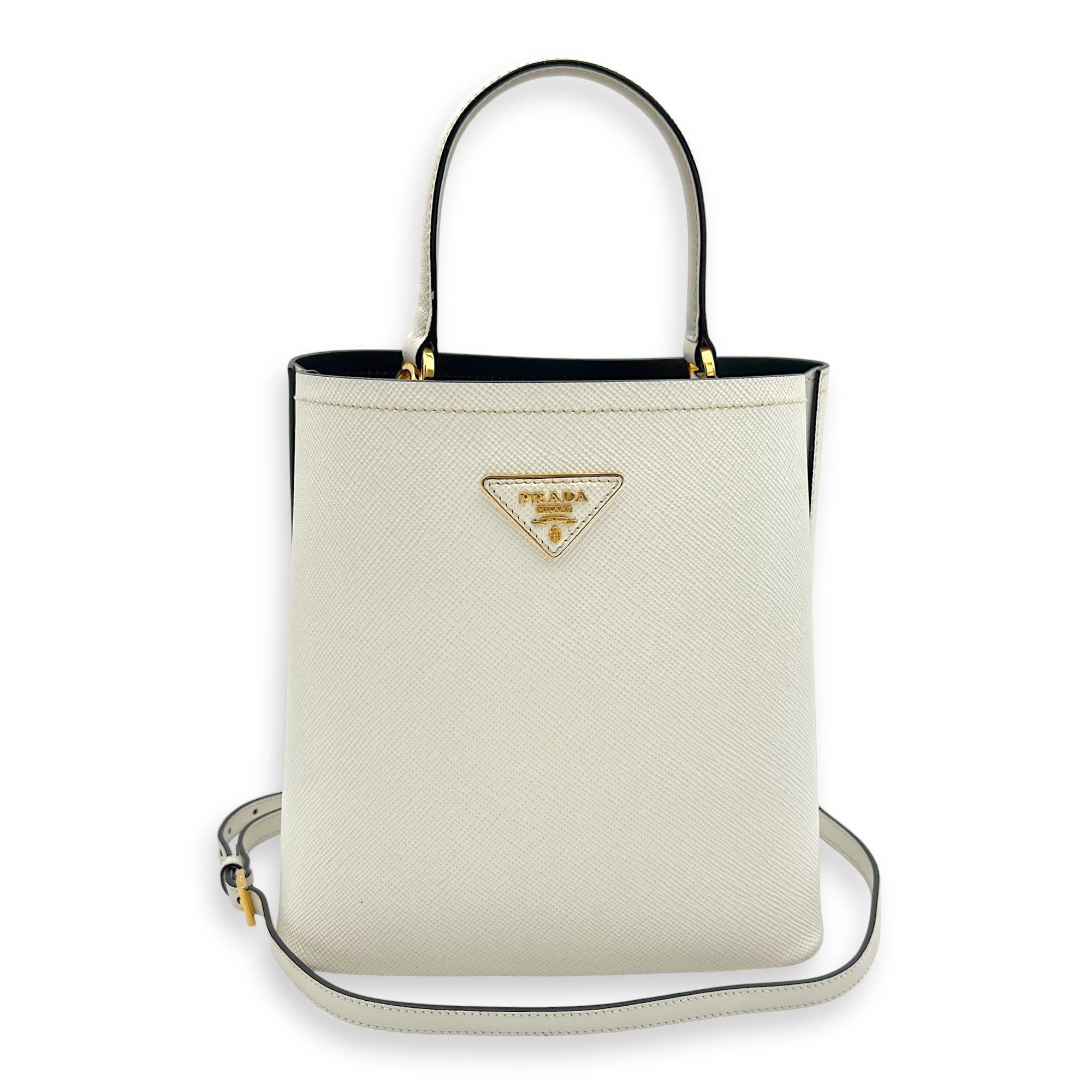 Prada Panier Bucket Bag White in Saffiano Leather, Gold hardware_10