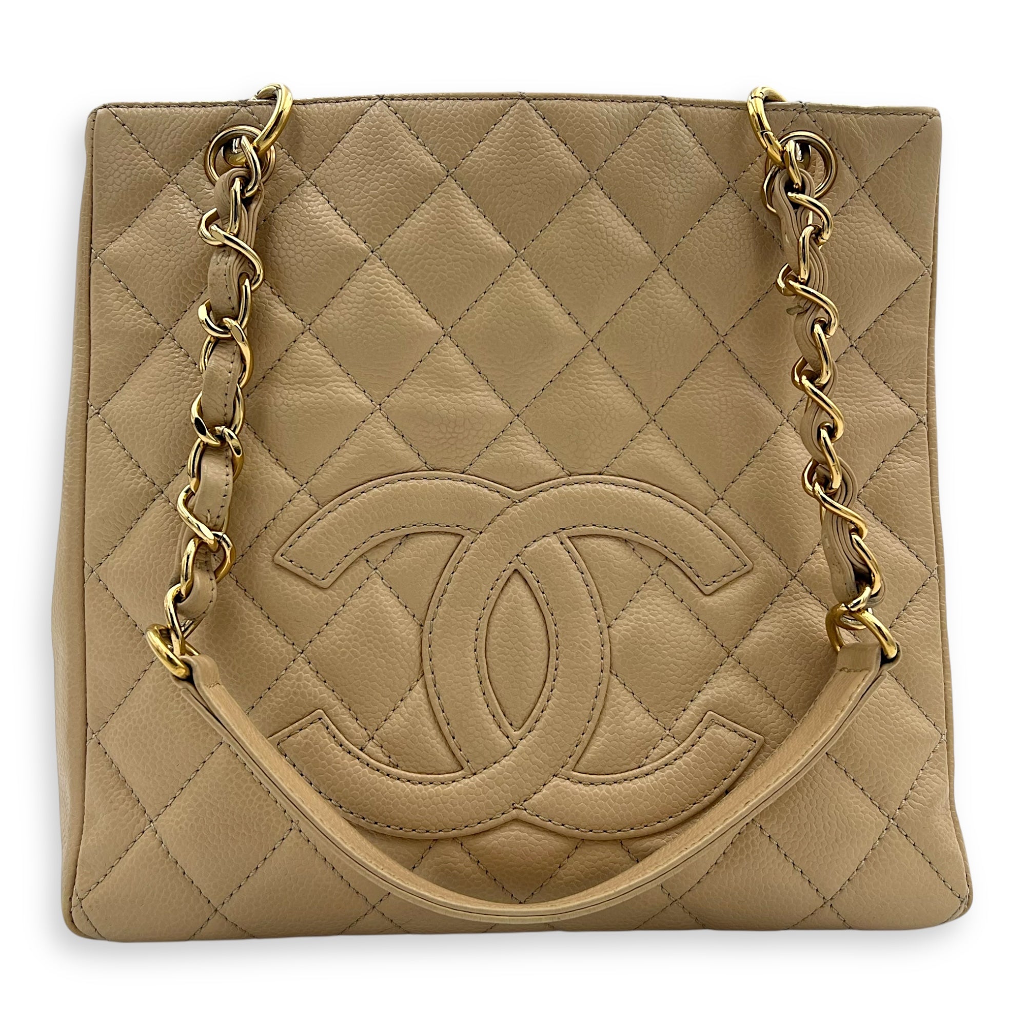 Chanel PST Tote Bag Beige in Caviar Leather, Gold hardware_12