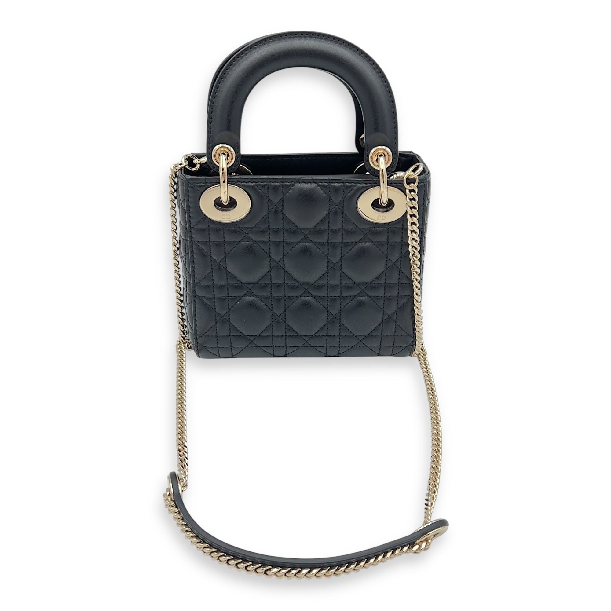 Dior Lady Dior Top Handle Bag Mini Black in Calfskin, Gold hardware_4