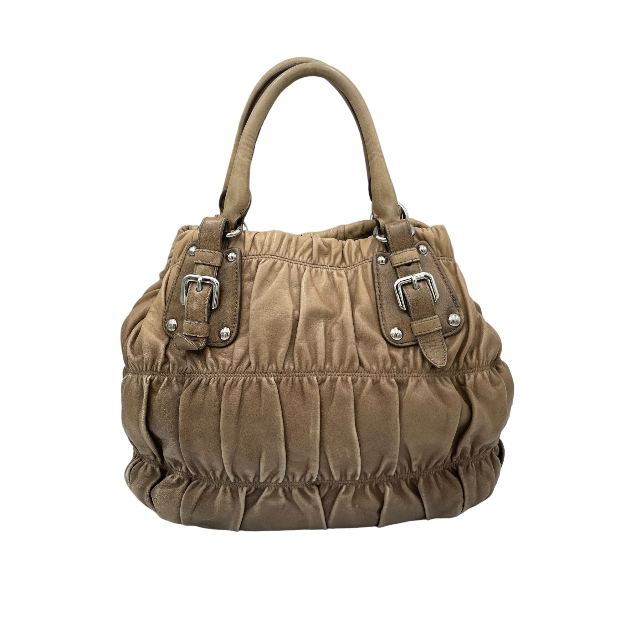 Gaufre Brown Top Handle Bag in Lambskin, Silver hardware