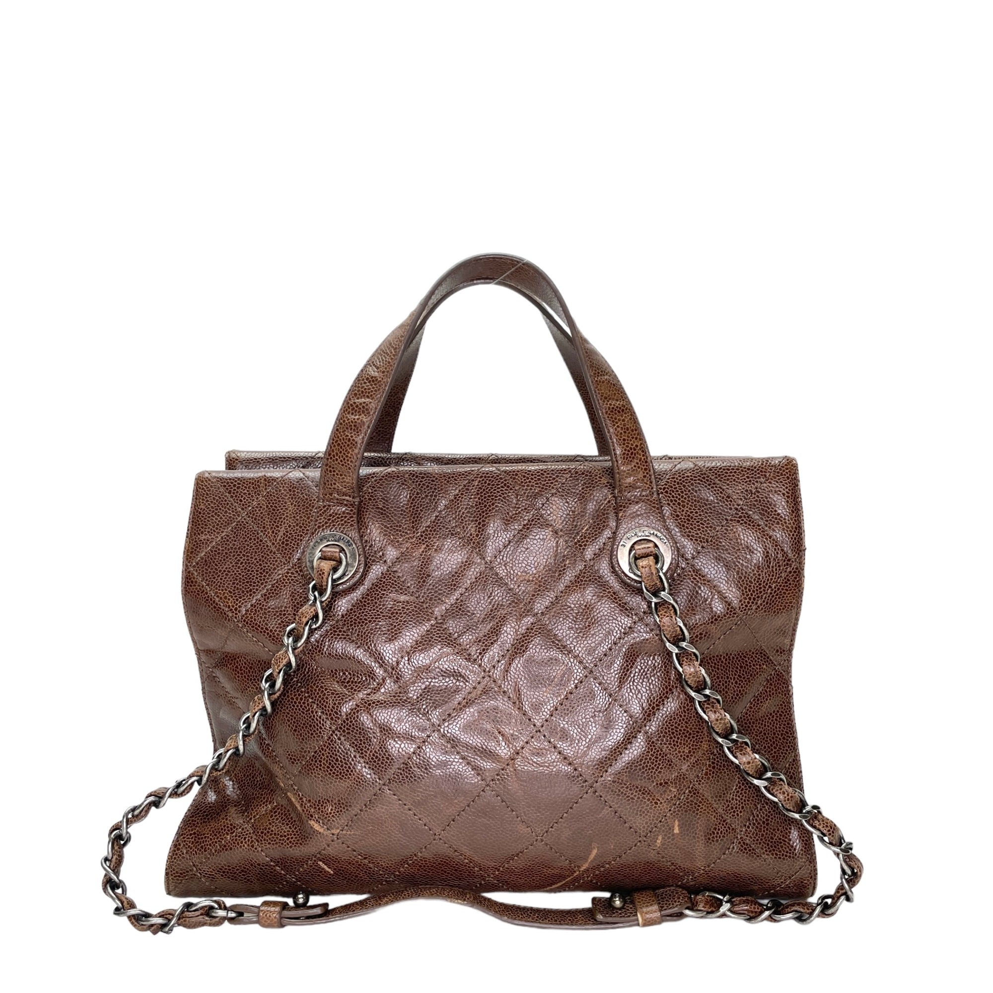 Two-way Brown Top Handle Bag in Caviar Leather, Ruthenium hardware