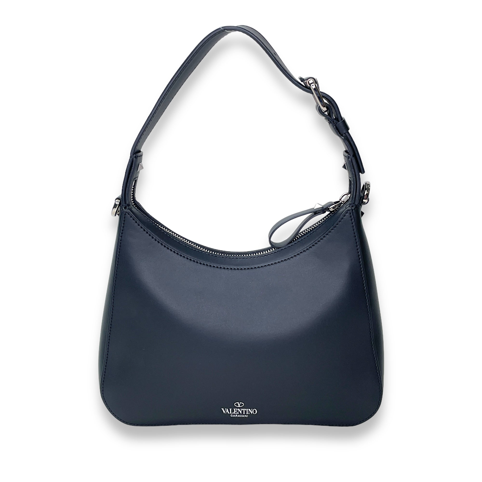 VLTN Hobo Small Black Shoulder Bag in Calfskin, Silver hardware