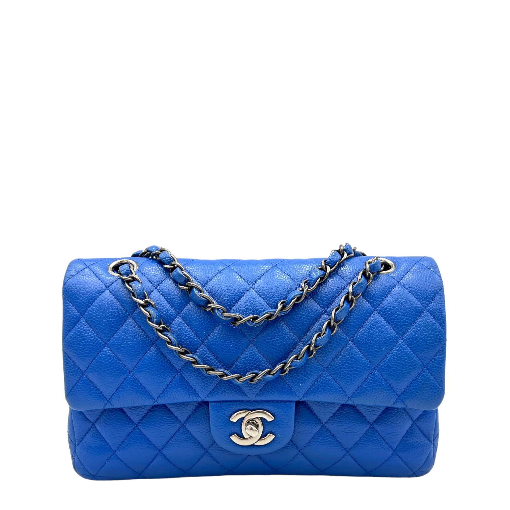 Classic Medium Blue Shoulder Bag in Caviar Leather, Ruthenium hardware