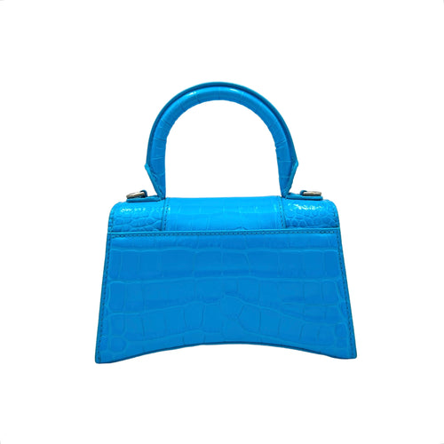 Hourglass XS Blue Top Handle Bag in Calfskin, Silver hardware