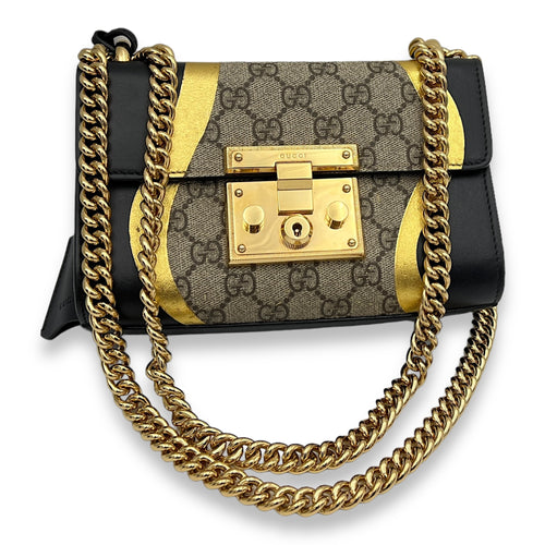 Padlock Shoulder Bag  Black in Coated Canvas , Gold Hardware