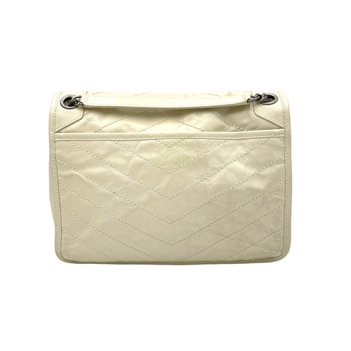 Niki Medium Cream Shoulder Bag in Distressed Leather, Ruthenium hardware