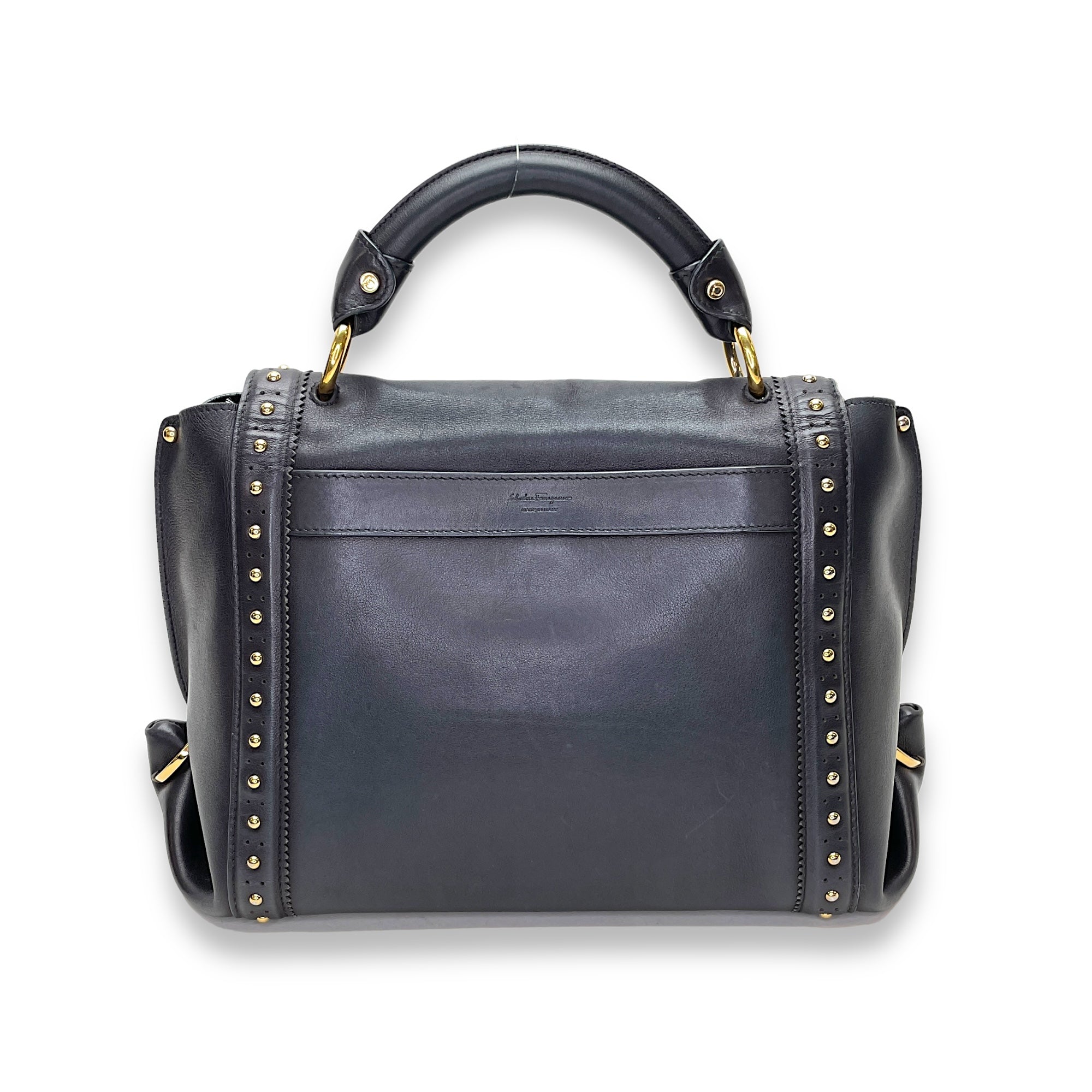 Gancini Top Handle Bag Black in Calfskin, Gold hardware