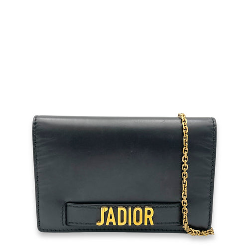 J'adior Black Wallet On Chain in Calfskin, Brushed Gold hardware