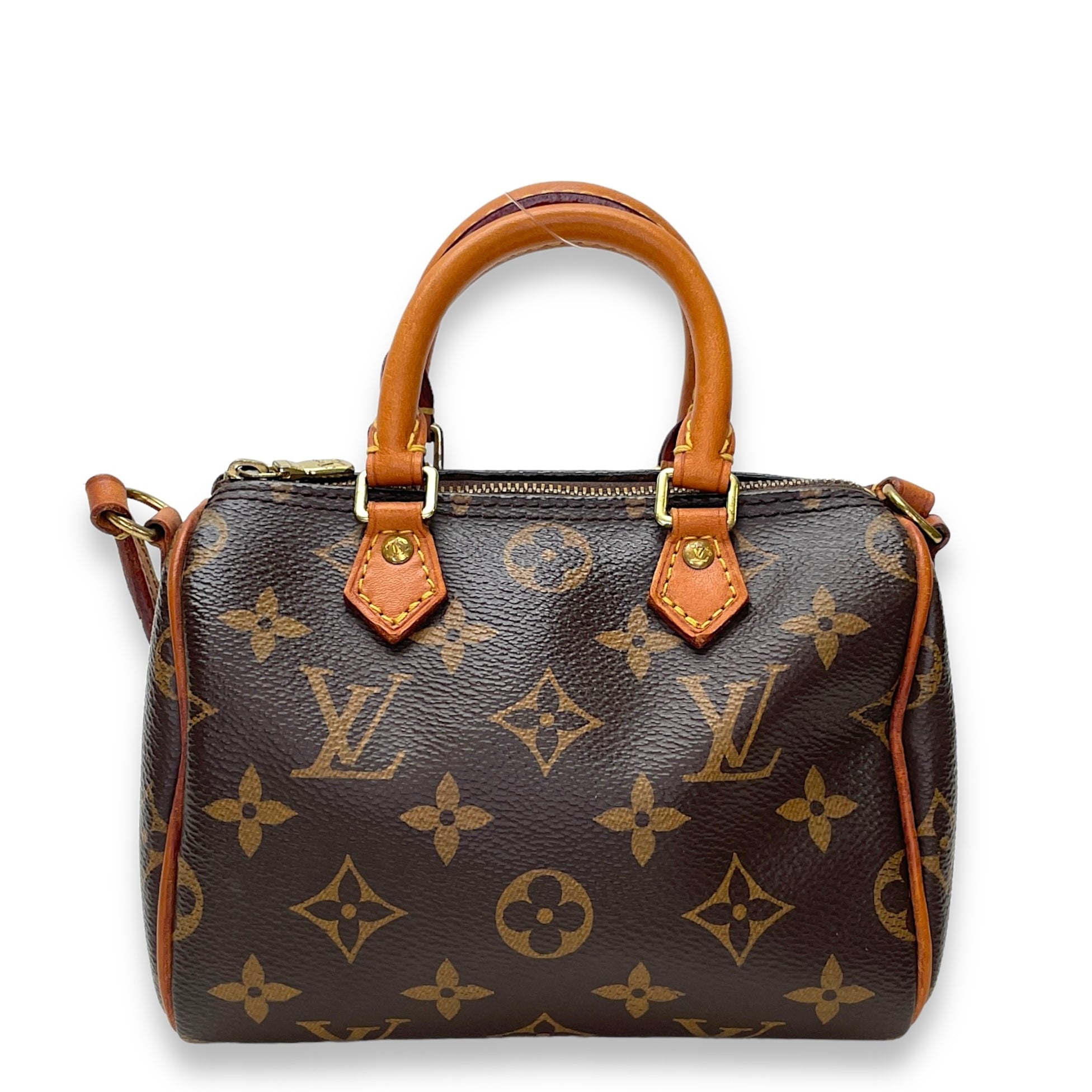 Speedy Bandouliere Top Handle Bag Nano Brown in Monogram Coated Canvas, Gold hardware