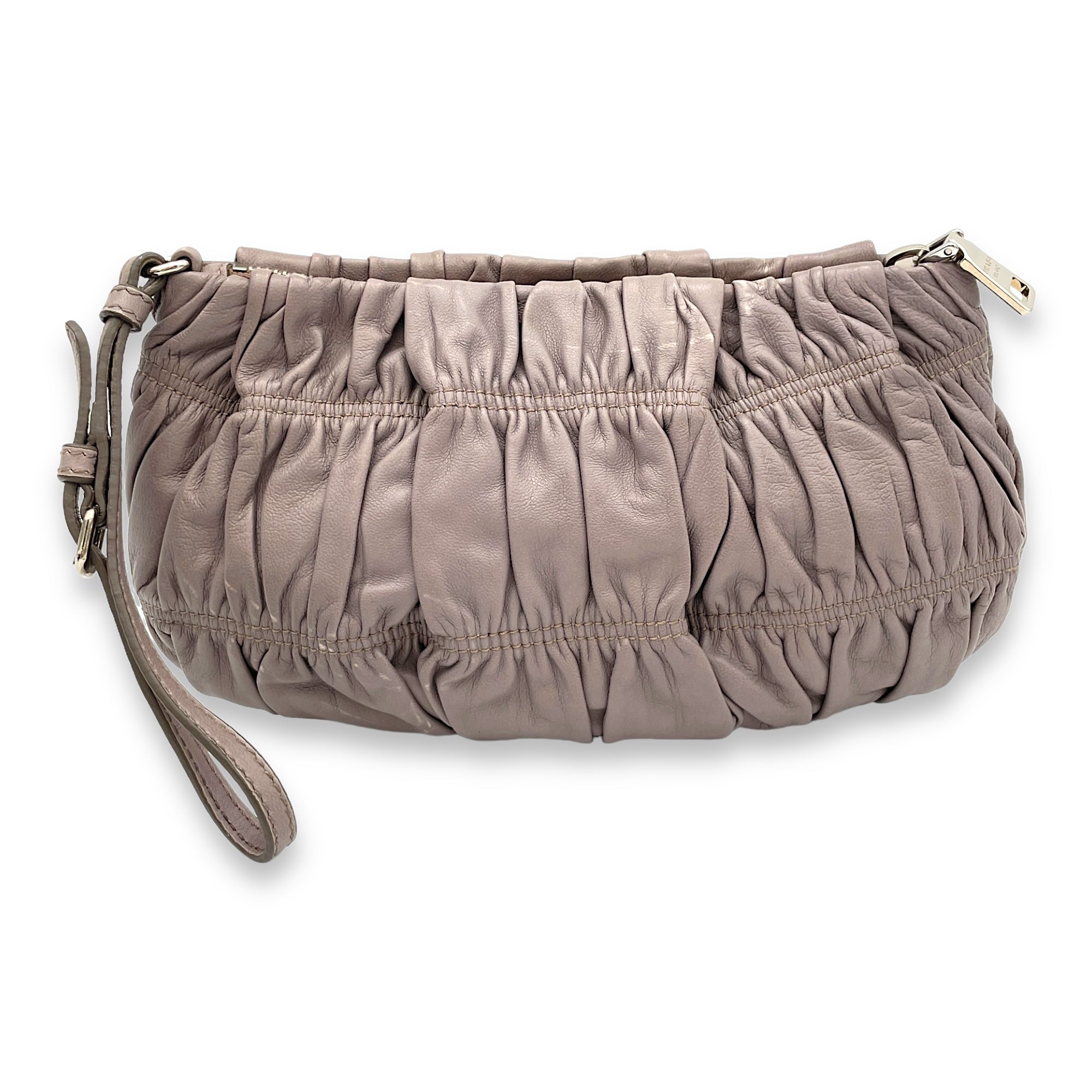 Prada Logo Grey Pouch in Lambskin, Silver hardware Singapore